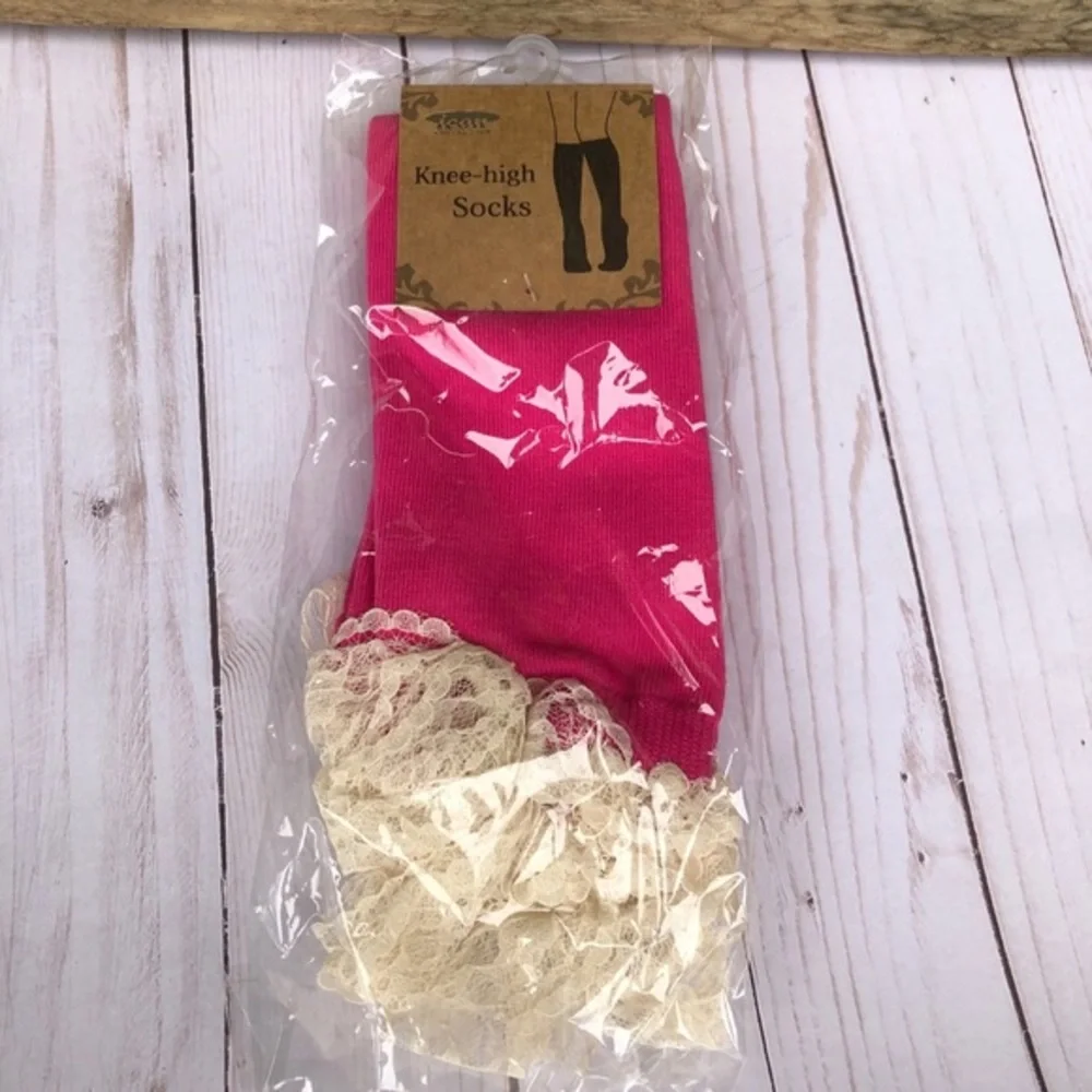 NWT boutique hot pink with cream lace boot socks‎